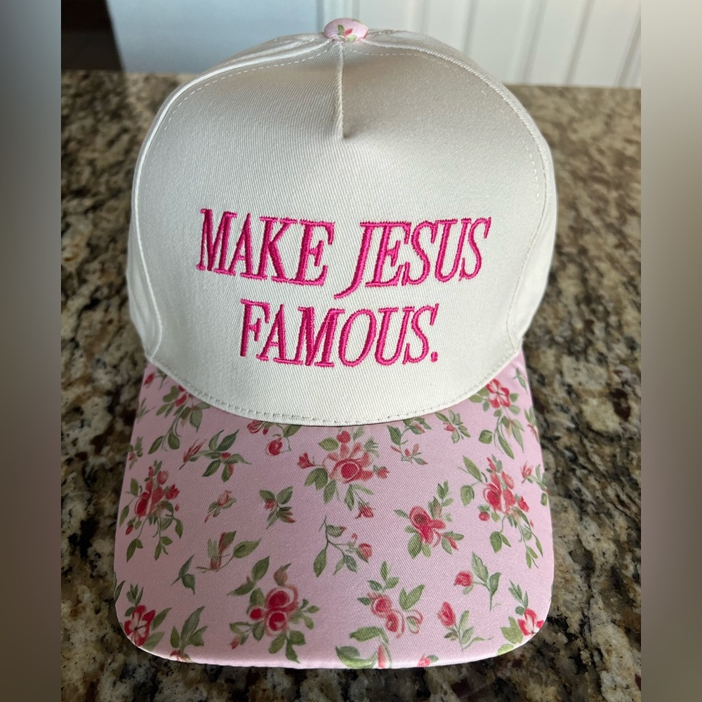 White and Pink Floral 'Make Jesus Famous'  Cap